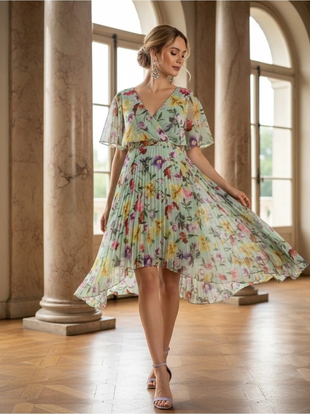 Kenzie Floral Pleated Handkerchief Hem Dress in Mint Green